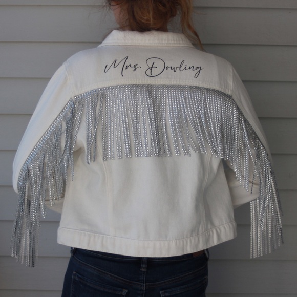 Handmade to order! Bridal denim jean jacket with rhinestone fringe - Picture 3 of 8